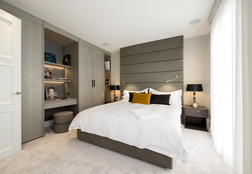 Upholstered headboard with integrated lighting | Kensington townhouse | Origins Design
