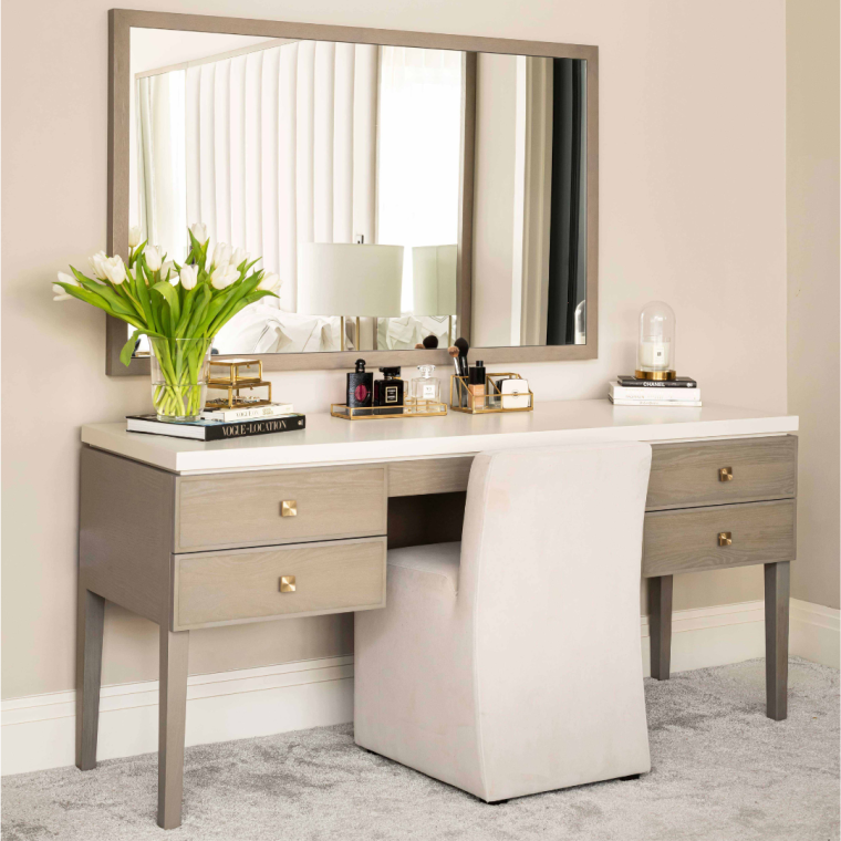 Bespoke dressing table in pale oak with two small shelves to each side and a dressing table chair in the middle. All by Origins Desigmn Esher London