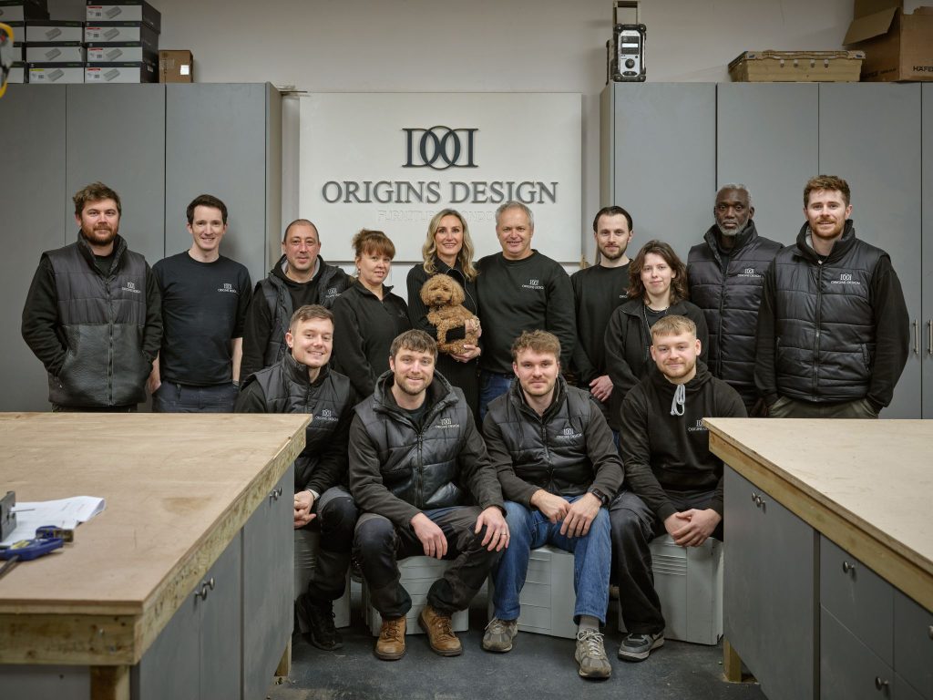 Origins-Design-team A photo of the whole team at Origins Design furniture maker Esher london Surrey careers in furniture making