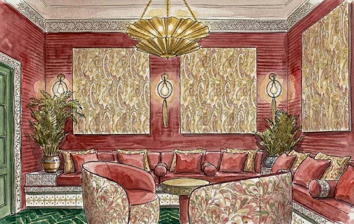 The jewel like interior of Studio Enass' garden folly at WOW!house 2026 with bespoke furniture by Origins Design Furniture Makers
