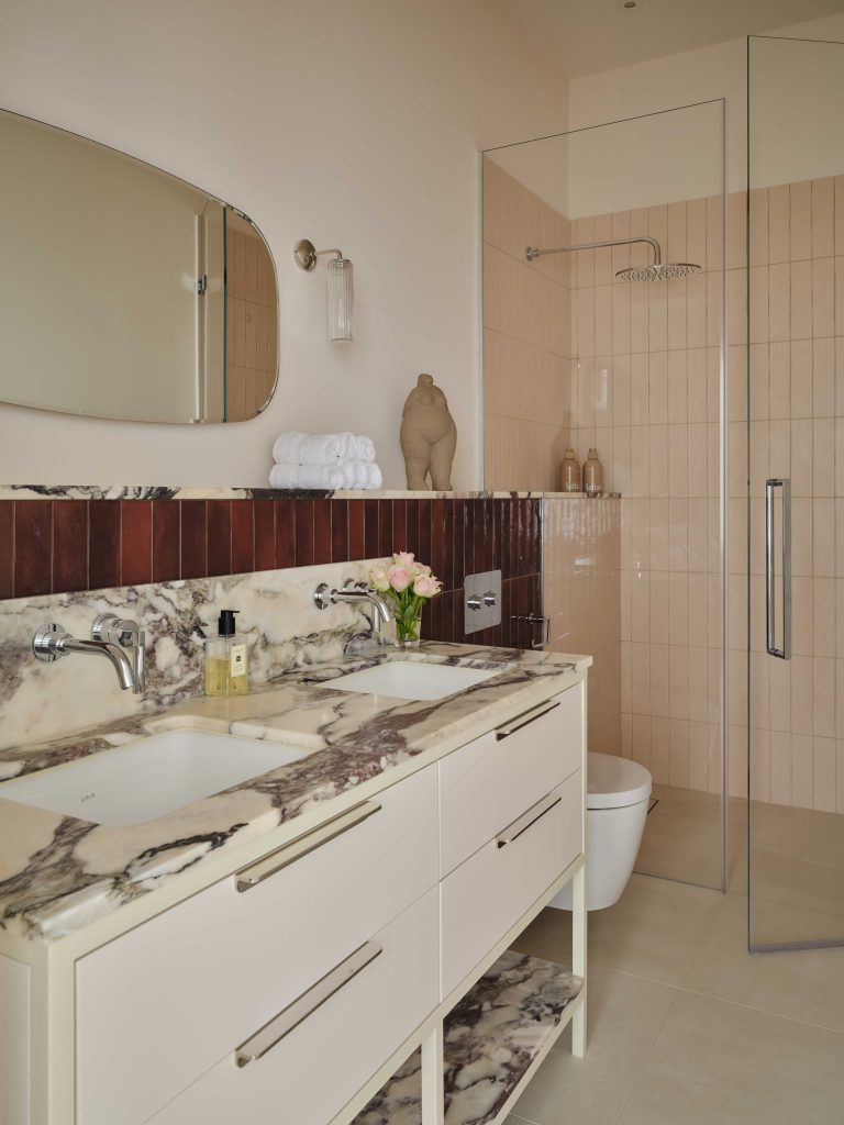 A double bathroom vanity unit, custom-made for Karen Oliver Interiors by Origins Design